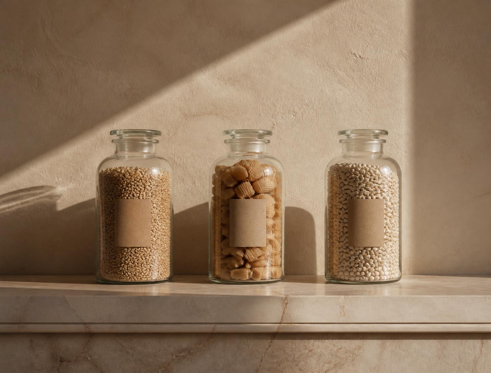 Three glass apothecary jars of decanted staples on a cream marble shelf in a shaft of morning light