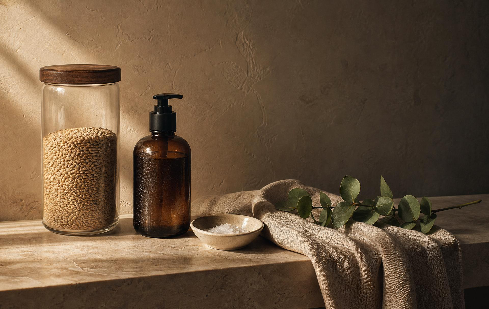 Glass jar of grains, amber pump bottle, ceramic dish of salt, linen cloth and eucalyptus sprig on a travertine shelf in warm side light